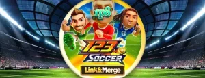 Tampilan layar permainan slot 123 Soccer Link&Merge dengan simbol sepak bola dan fitur Link&Merge yang aktif.