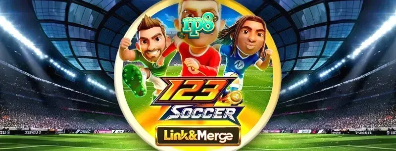 Tampilan layar permainan slot 123 Soccer Link&Merge dengan simbol sepak bola dan fitur Link&Merge yang aktif.