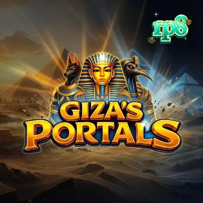 Tampilan visual kuil kuno dan piramida dalam slot Giza’s Portals